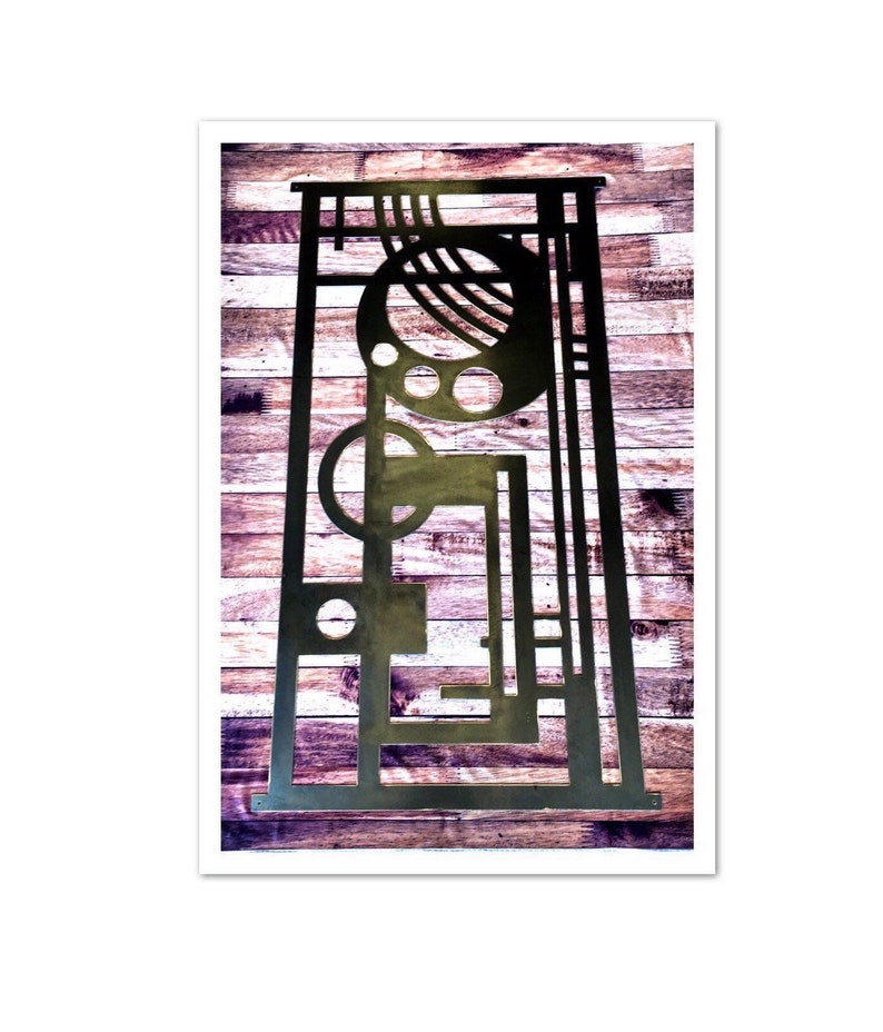 May include: A black metal wall art piece with geometric shapes and circles, mounted on a wood panel background.