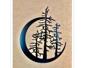 Crescent Moon With Trees - Metal Wall Art