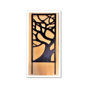 May include: Black metal garden trellis with a tree branch design. The trellis is freestanding and has two metal stakes.