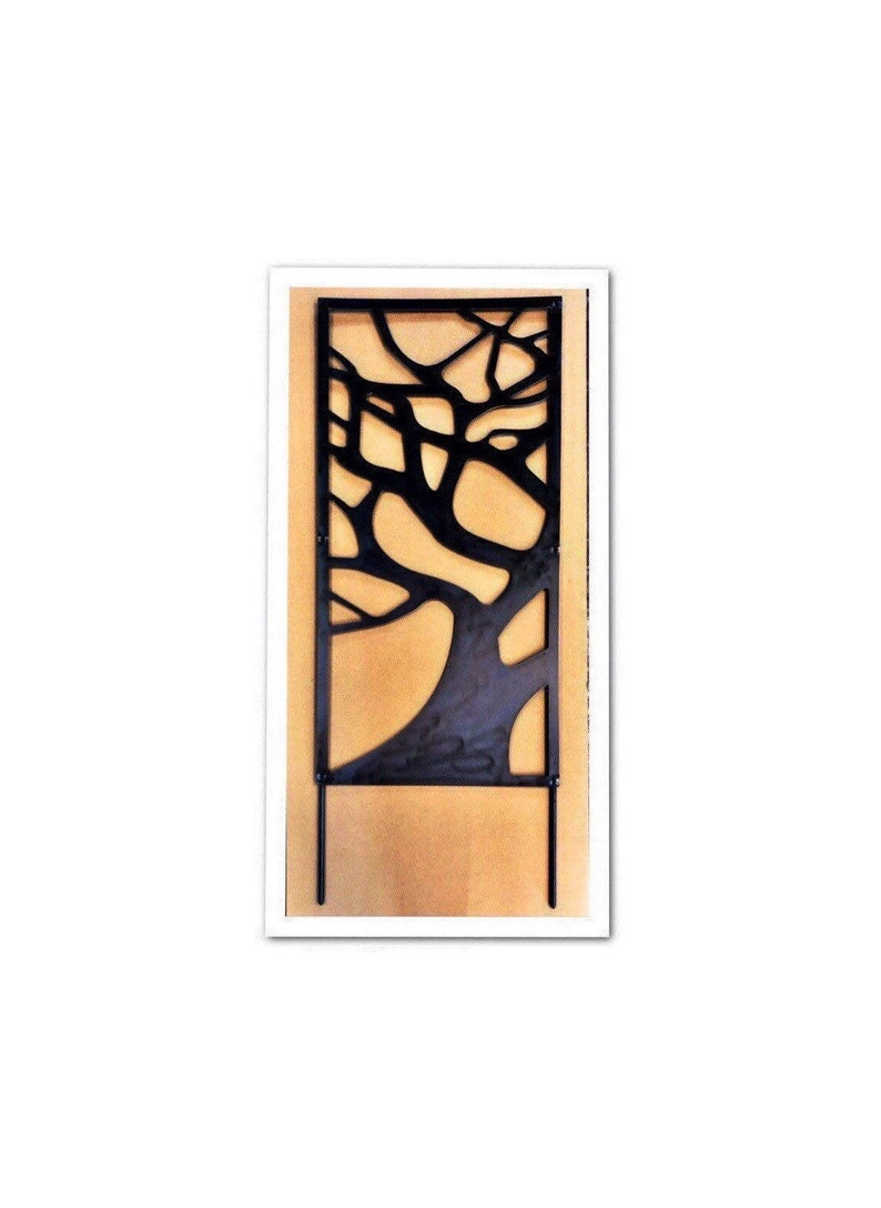 May include: Black metal garden trellis with a tree branch design. The trellis is freestanding and has two metal stakes.