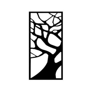 May include: Black and white silhouette of a tree with intricate branches and a thick trunk.