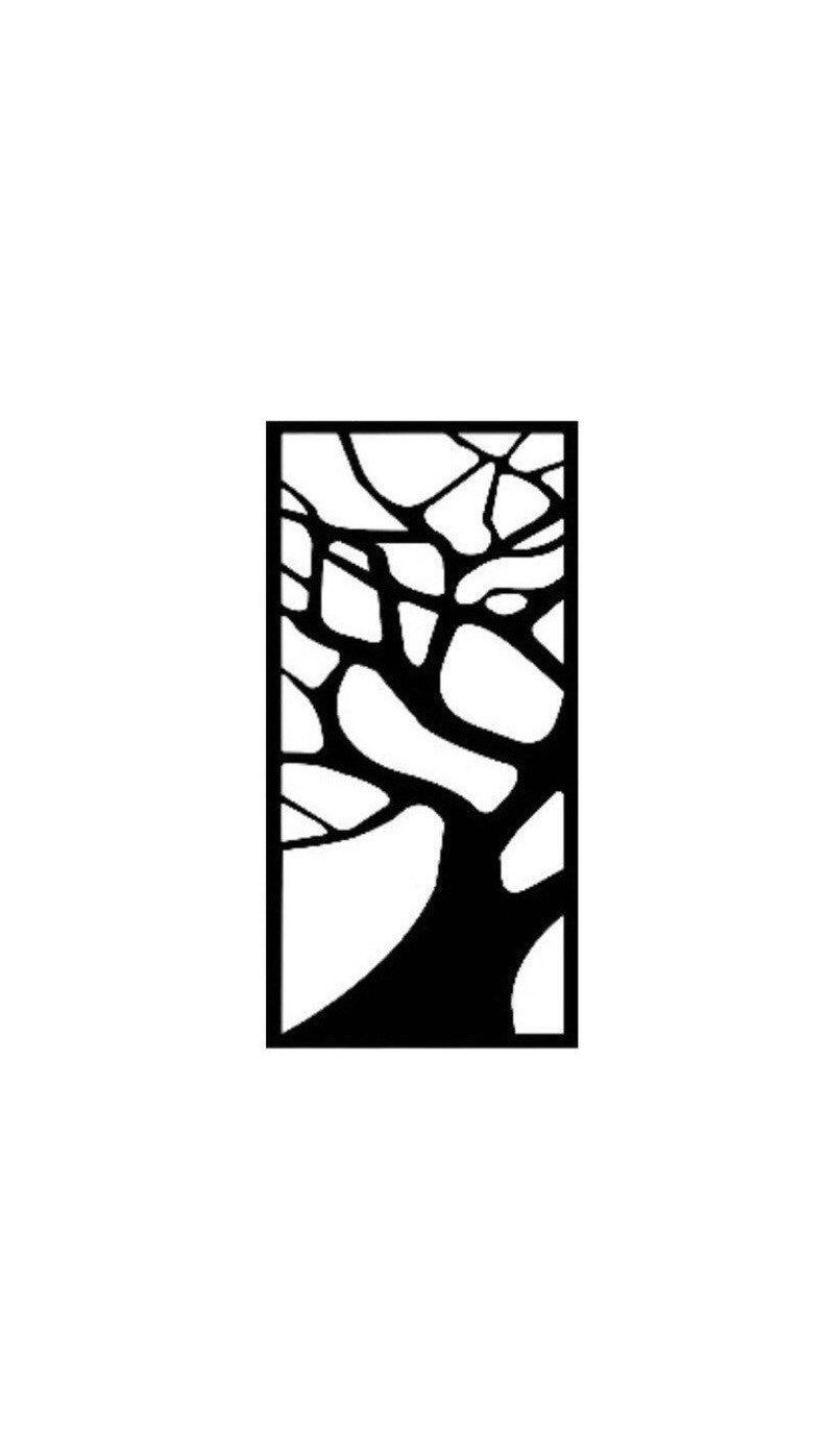 May include: Black and white silhouette of a tree with intricate branches and a thick trunk.