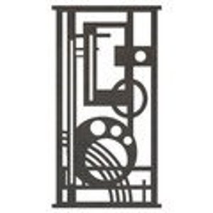 May include: Black metal wall art with a geometric design featuring circles, squares, and rectangles. The design is reminiscent of a machine or a piece of industrial equipment.