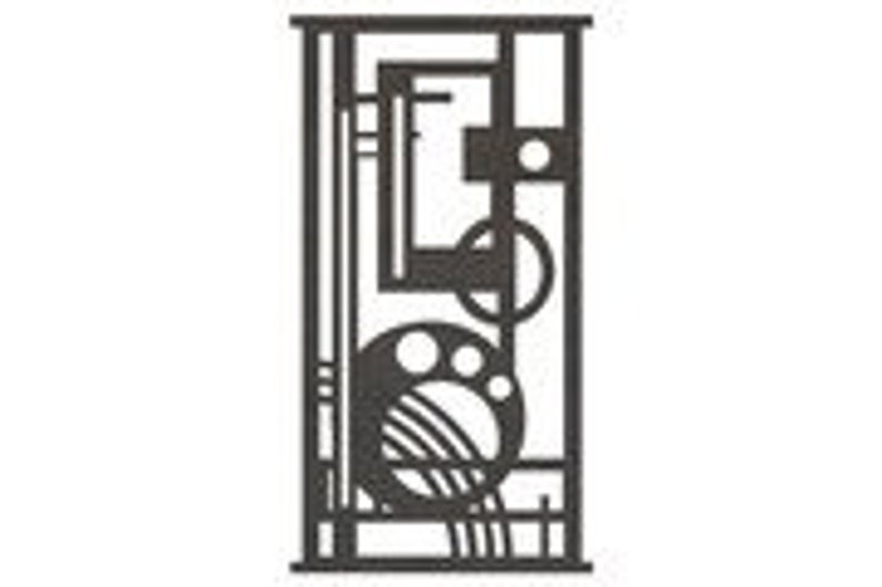 May include: Black metal wall art with a geometric design featuring circles, squares, and rectangles. The design is reminiscent of a machine or a piece of industrial equipment.
