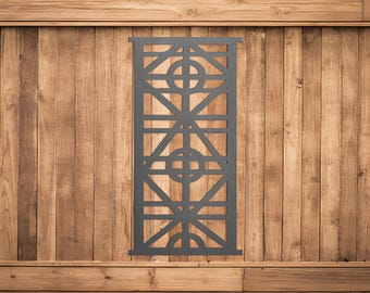 May include: Black metal decorative screen with a geometric design featuring circles and squares. The screen is mounted on a wooden wall.
