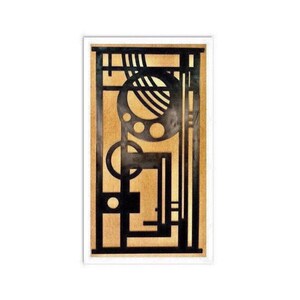 May include: A black and gold geometric design with circles and lines. The design is on a white background.