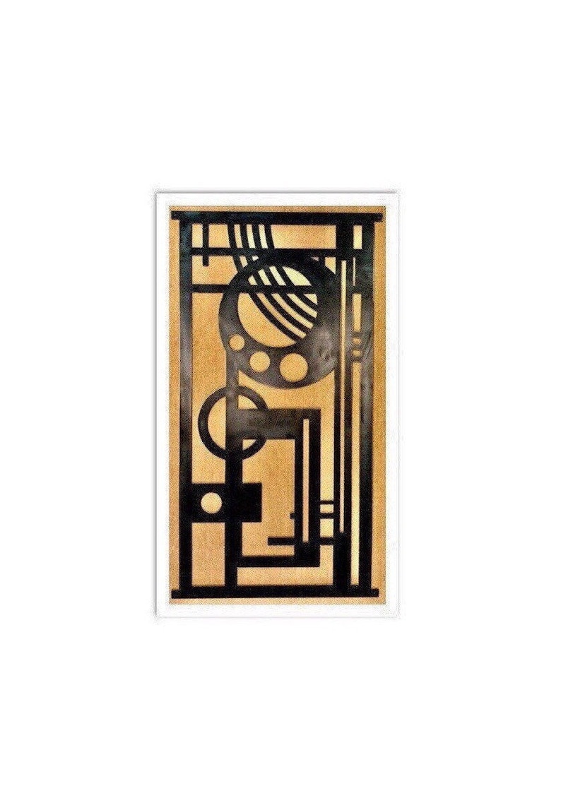 May include: A black and gold geometric design with circles and lines. The design is on a white background.
