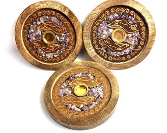 Mango Wood Cone Incense Holder with Amethyst