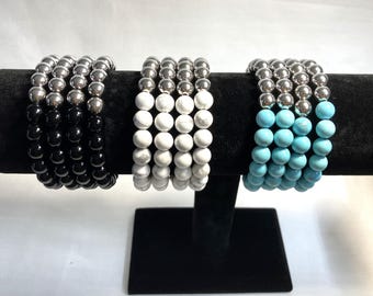 Gem and Stainless Beaded Stretch Bracelets