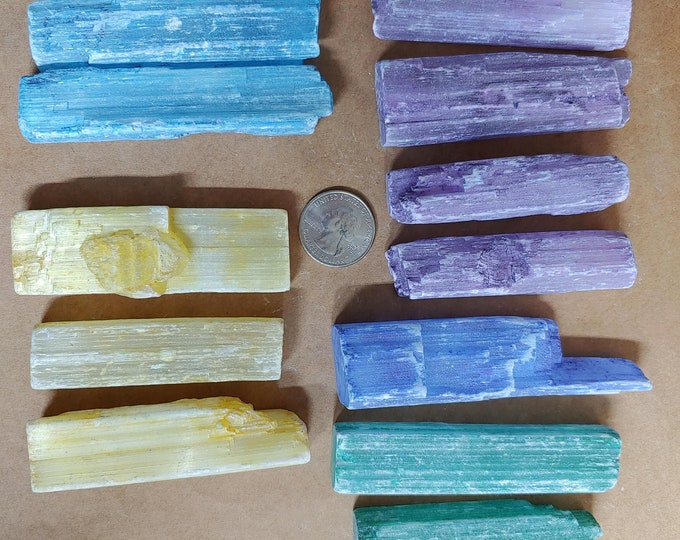 12 Assorted Dyed Selenite Sticks sold as One Lot