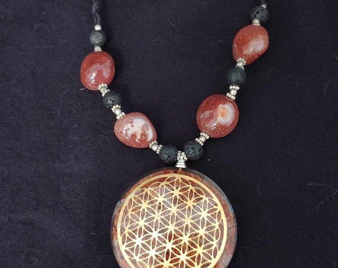 Carnelain and Lava Orgonite Flower of Life Necklace