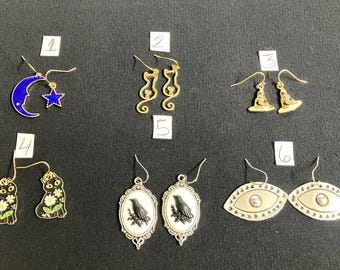 EARRINGS choose from 6 styles   Cat, Moon & Star, Wizard Hat, Raven, Floral Cat and "Eye"
