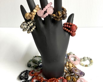 Stone Beaded Stretch Rings, Stretch Rings with Stone Beads