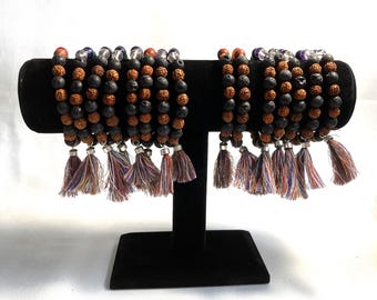 Chakra Stone Bracelet w/ Lava and Rudraksha Seeds and Tassel