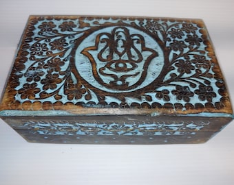 Hamsa Hand Carved Wooden Box and Lotus OM Hand Carved Wooden Box Sold Separately