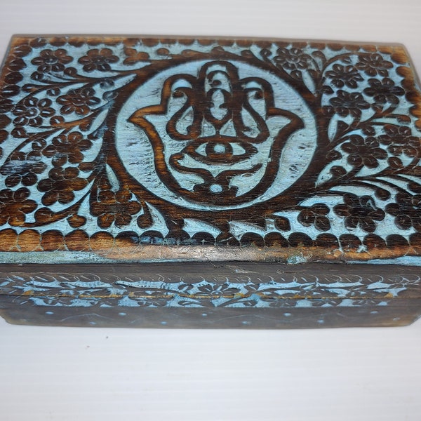 Hamsa Hand Carved Wooden Box and Lotus OM Hand Carved Wooden Box Sold Separately