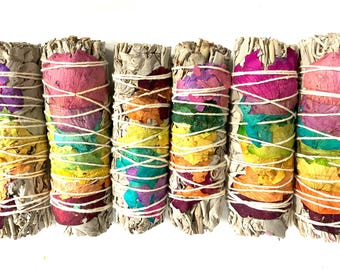 White Sage Chakra Smudge Stick, 4" White Sage Chakra Smudge w/ Rose Petals