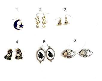 EARRINGS choose from 6 styles   Cat, Moon & Star, Wizard Hat, Raven, Floral Cat and "Eye"