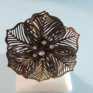 Open Metalwork Flower Adjustable Ring with Rhinstones