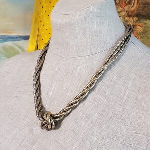 Vintage Three Strand Silver Tone Beaded Necklace with Knot