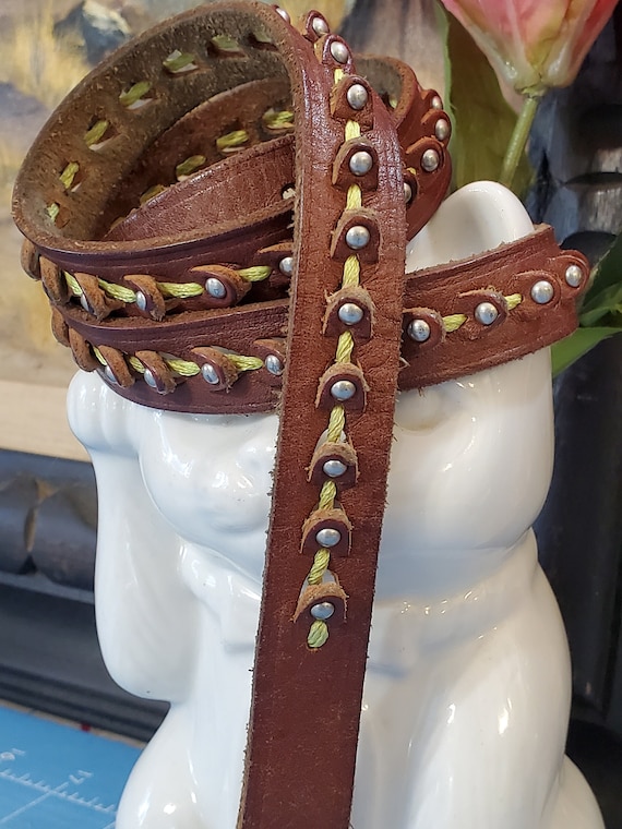 Silver Studded Brown Leather Belt with Green Detai
