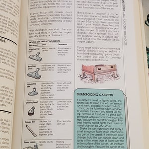 May include: A guide to cleaning carpets with a vacuum cleaner and different attachments. The guide includes illustrations of the different attachments and their uses. The guide also includes instructions on how to shampoo carpets.