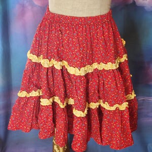 Red Calico with Yellow Ruffle Trim Full Skirt, Small