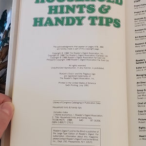 May include: A book titled "Household Hints & Handy Tips" with a green cover and white text. The book includes a copyright notice, staff information, and a library of congress cataloging in publication data page.