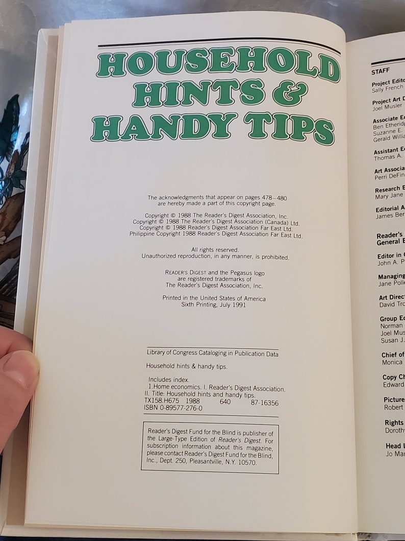 May include: A book titled "Household Hints & Handy Tips" with a green cover and white text. The book includes a copyright notice, staff information, and a library of congress cataloging in publication data page.