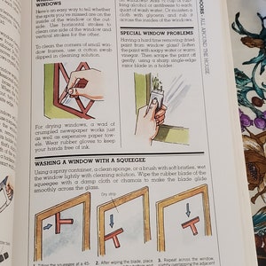 May include: Illustrated guide on how to wash and dry windows. The guide shows how to use a squeegee to clean a window, with three steps illustrated. The guide also shows how to clean the corners of windows with a cotton swab.