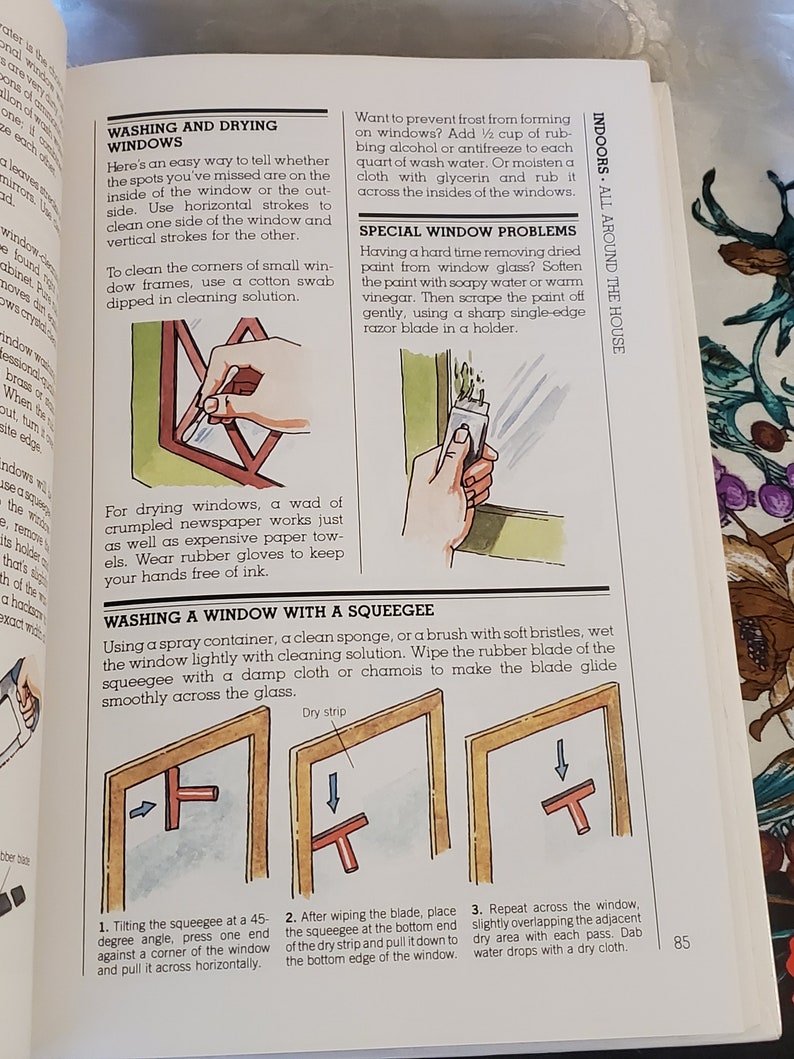 May include: Illustrated guide on how to wash and dry windows. The guide shows how to use a squeegee to clean a window, with three steps illustrated. The guide also shows how to clean the corners of windows with a cotton swab.