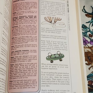 May include: A page from a book with tips on how to care for jewelry. The page includes instructions on how to clean different types of jewelry, such as diamonds, pearls, and gold. The page also includes tips on how to store jewelry and how to avoid getting green residue from tarnished costume jewelry on your skin.