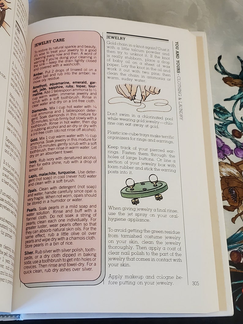May include: A page from a book with tips on how to care for jewelry. The page includes instructions on how to clean different types of jewelry, such as diamonds, pearls, and gold. The page also includes tips on how to store jewelry and how to avoid getting green residue from tarnished costume jewelry on your skin.