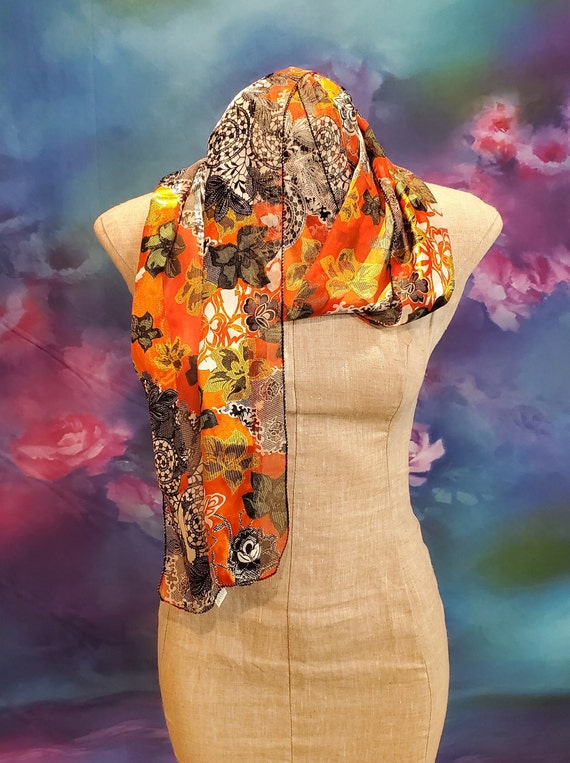 Orange and Black Floral Long Scarf