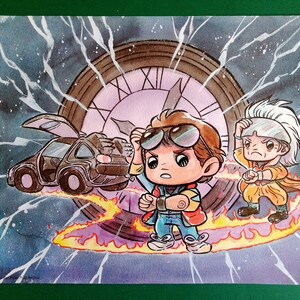 Impression au format carte postale A5 représentant Marty McFly et Doc Brown version chibi - bande dessinée - dessin créé par Adriana Farina.