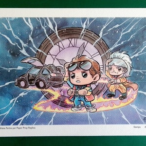 May include: A watercolor illustration of two characters from the Back to the Future movie, Marty McFly and Doc Brown, standing on a glowing platform with a DeLorean time machine flying behind them. The characters are drawn in a chibi style, with large heads and small bodies. The background is a swirling blue and purple sky with lightning bolts.