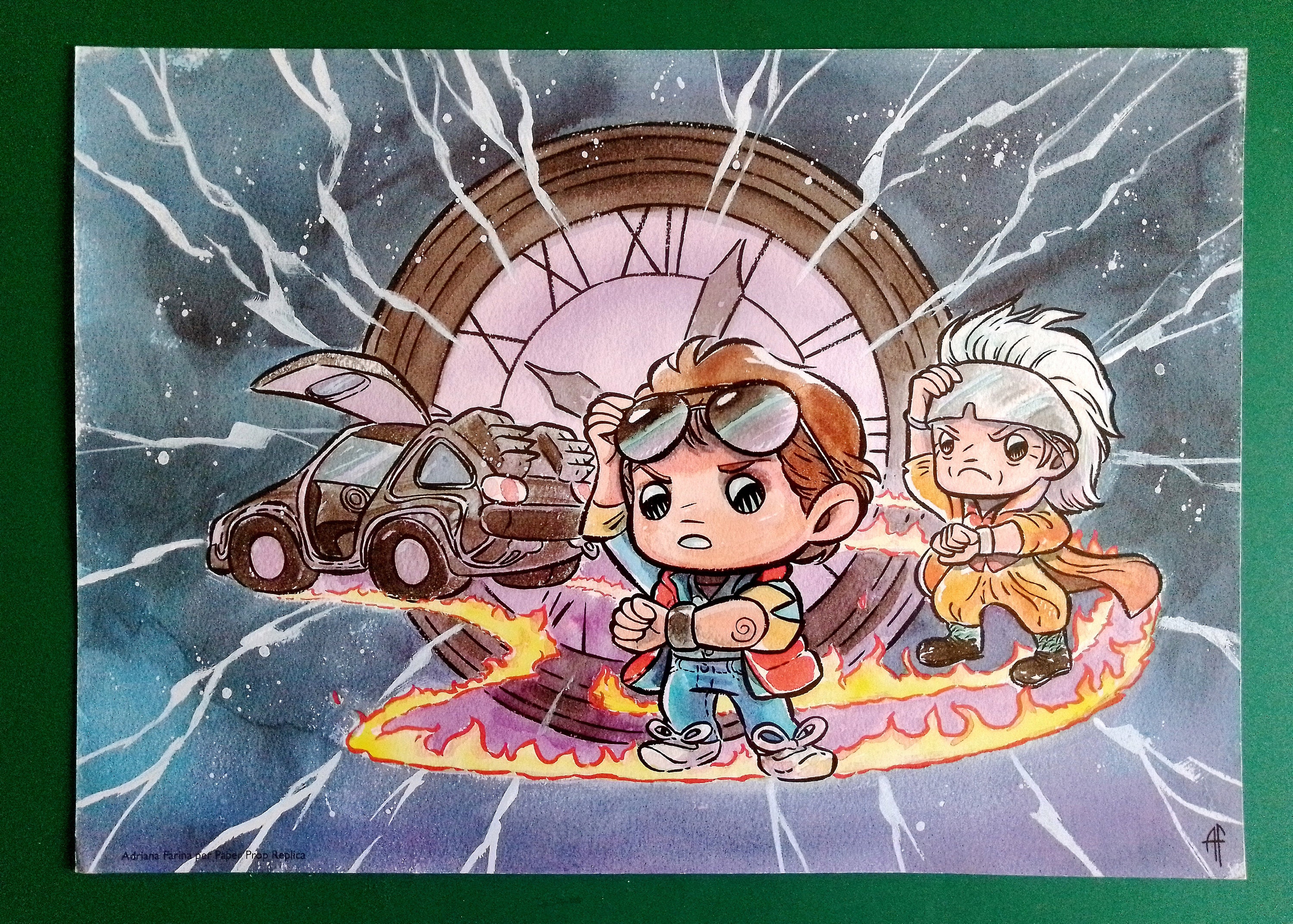A4 print depicting Marty McFly and Doc Brown chibi version - comic - cardboard artist Adriana Farina illustrator and cartoonist