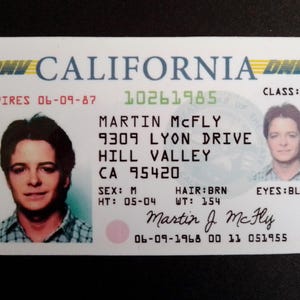 May include: A California DMV driving licence for Martin McFly, featuring a portrait, the address 9309 Lyon Drive, Hill Valley, CA 95420, birth date 06-09-1968, expiry date 06-09-87, class C, sex M, brown hair, blue eyes, height 05-04, and weight 154.