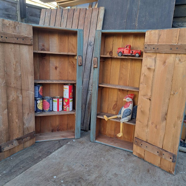 Vintage cupboards x 2. kitchen larder, bathroom cabinet. Reclaimed wood, Blue workshop storage.