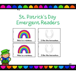 Może przedstawiać: Cztery drukowane karty do nauki czytania dla początkujących na Dzień Świętego Patryka. Dwie karty przedstawiają tęczę z tekstem "This is a rainbow." i dwie karty przedstawiają podkowę z tekstem "I like the horseshoe."