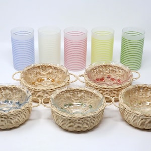 Mid-Century Glass and Rattan Multicolor Cherries and Stripes Snack Set - Set of 15