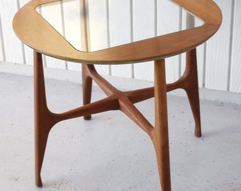 Mid-Century Modern Walnut and Glass Round Side Table