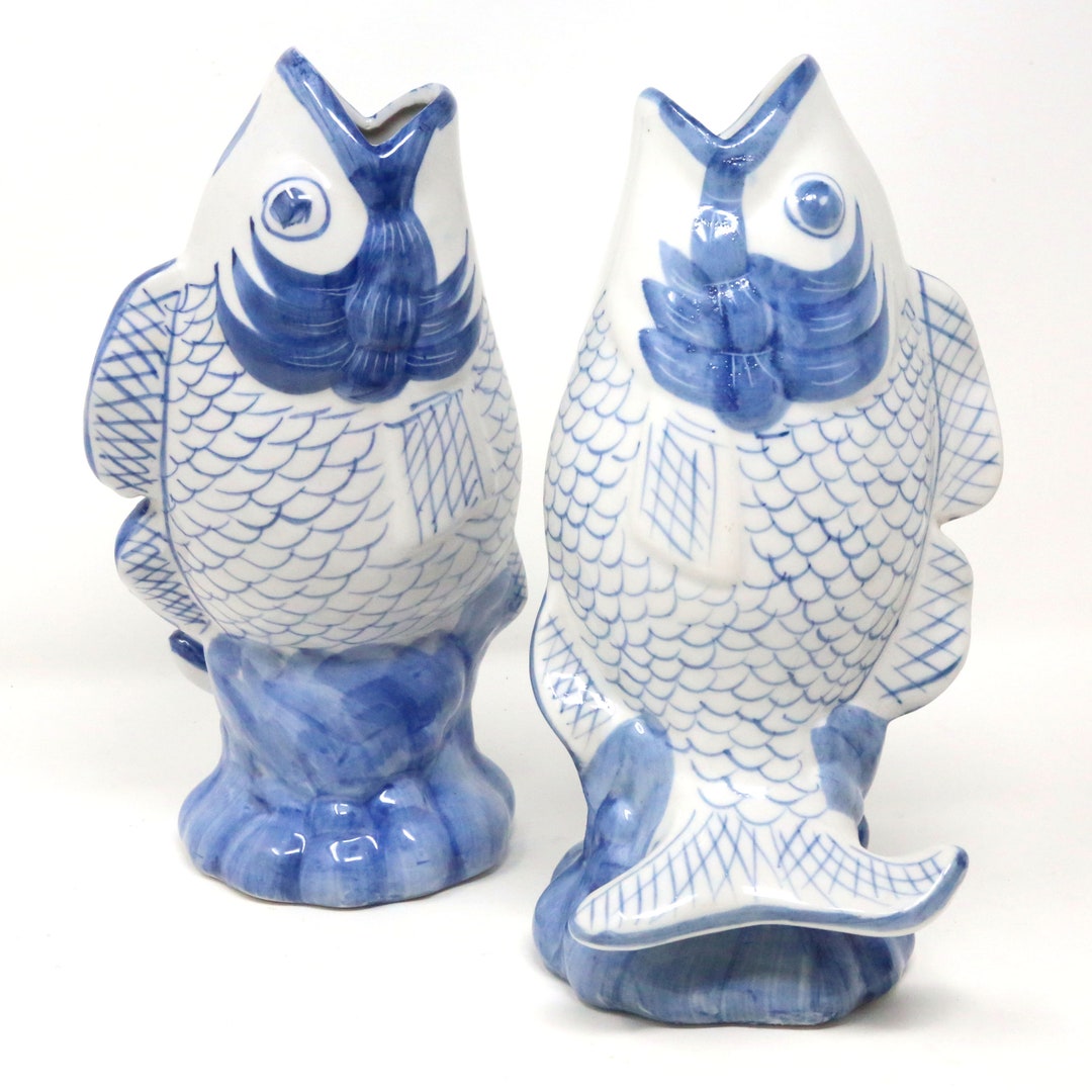 Vintage Blue and White Koi Fish Vases A Pair Etsy