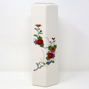 Vintage Hexagonal Tall Hand-Painted Floral Japanese Vase