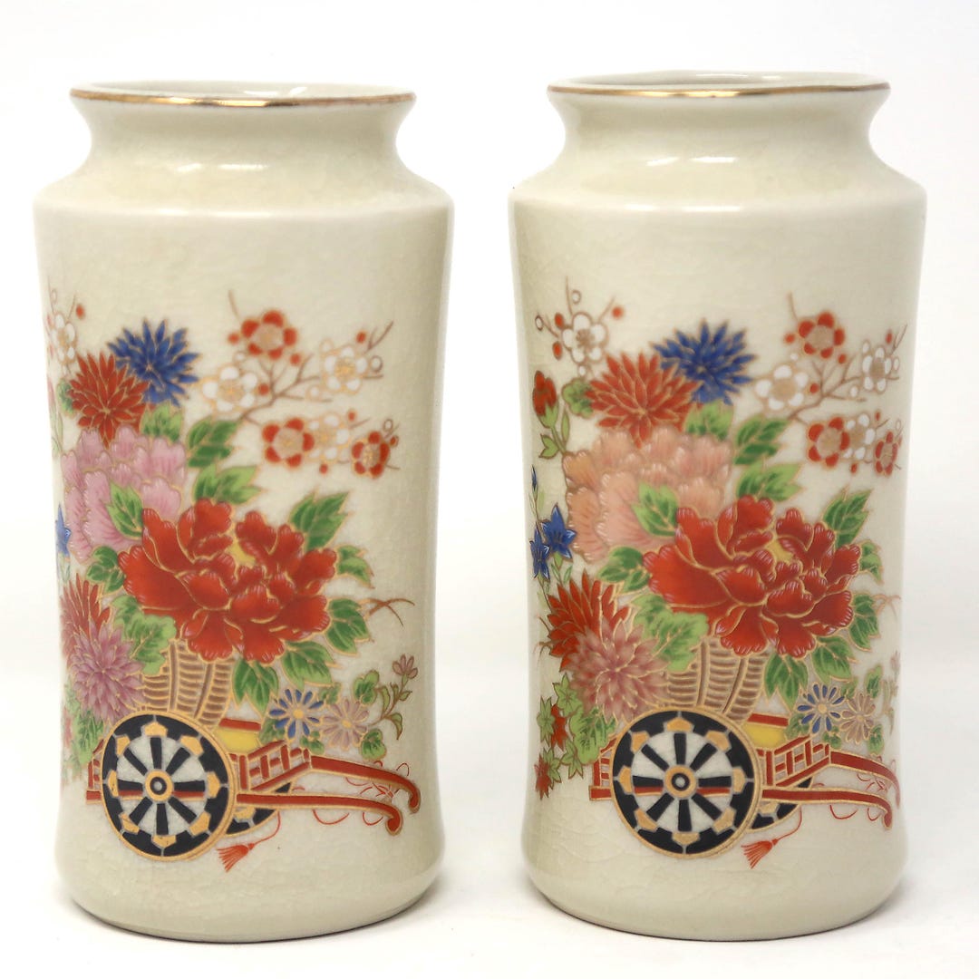 Vintage Japanese Flowers and Garden Cart Vases - A Pair - Etsy