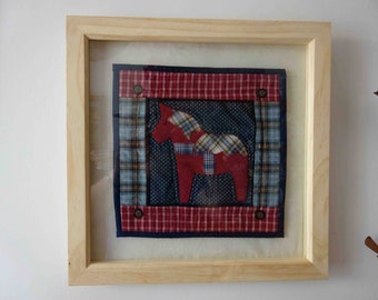 Red & Blue Shirty Erik patchwork mini quilt, mounted and framed