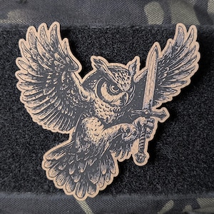May include: A patch featuring a detailed illustration of an owl with outstretched wings, holding a sword. The owl is in shades of brown and black, set against a black square. The background has a camouflage pattern.