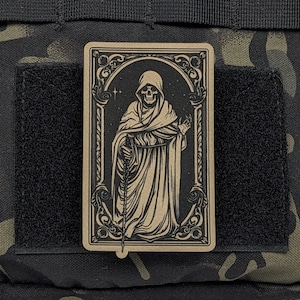 Death Tarot Morale Patch , Skeleton with Walking Staff  Patch, Mid-evil Style Patch, Range Bag, Hook and Loop Backing, Plate Carrier Patch