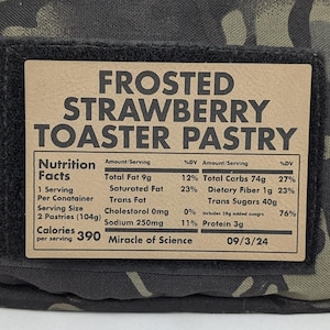 May include: A brown paper nutrition label for a frosted strawberry toaster pastry. The label includes the name of the product, the serving size, and the nutritional information per serving. The label also includes the date 09/3/24.