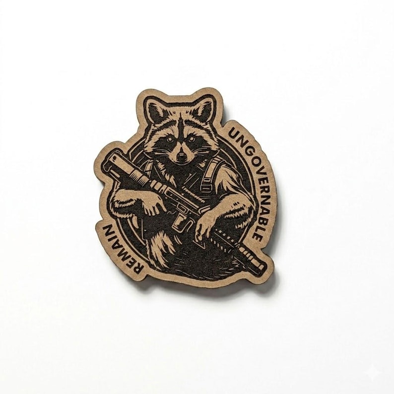 May include: A tan-colored sticker featuring a raccoon holding a rifle. The raccoon is inside a black circle with the words "Remain Ungovernable" in a circular pattern around it. The sticker has a die-cut shape.